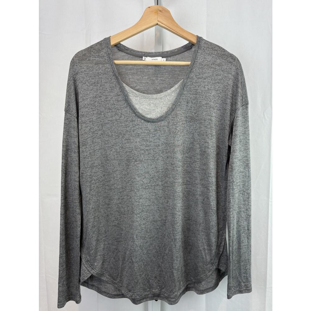 VINCE Size XS Two Tone Pullover Top Long Sleeve Layered Look Scoop Neck Gray